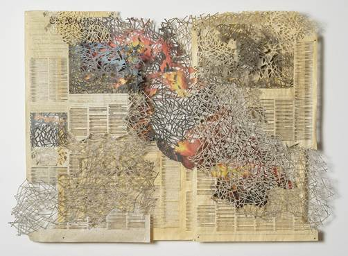 Surge (Genizah) by Shanti Grumbine
De-acidified New York Times newspaper, jade glue, matte medium, UV varnish, nails, magnets;
22 x 30" unframed; 2015
(photo credit: Paul Takeuchi)